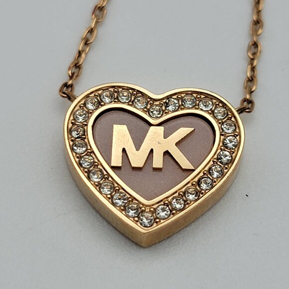 Michael Kors Gold Tone Crystal Heart Logo Pendant Necklace 18" Adjustable - Picture 2 of 5